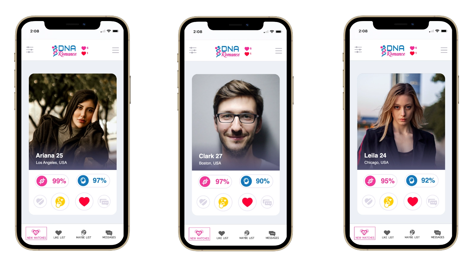 Aplicación DNA Romance en tres teléfonos